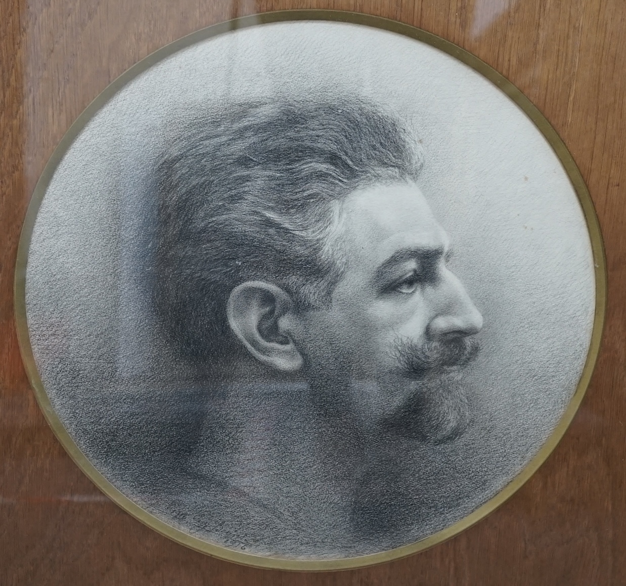 Early 20th century, charcoal, Portrait of Godefroid DeVreese (Belgian, 1861-1941), tondo, indistinctly signed and dated 1916, H. De Lau, Icelles label verso, 35cm diameter. Condition - fair, a few minor spots of foxing